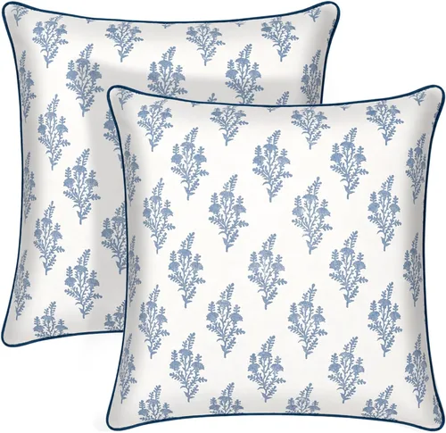 Vista 14 de Ridhi Juego de 2 fundas de almohada de algodón con estampado de bloques Azul aguamarina