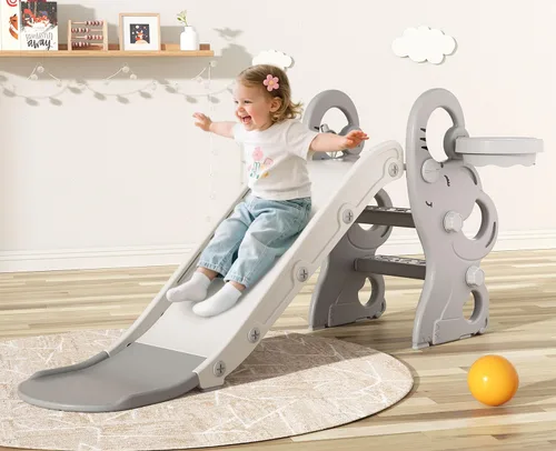 Vista 10 de Babytronic Tobogán para niños pequeños, juego de interiores y exteriores con aro de baloncesto y juego de anillos, tobogán plegable de plástico