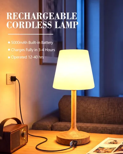 Vista 3 de GEEZO Lámpara de ducha IP55 impermeable, pequeña lámpara de mesa recargable inalámbrica de 5000 mAh, funciona con pilas, lámpara táctil regulable