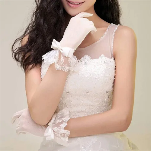 Vista 3 de R STAR - Guantes cortos de encaje floral, guantes de longitud de muñeca para mujer para boda (B), B