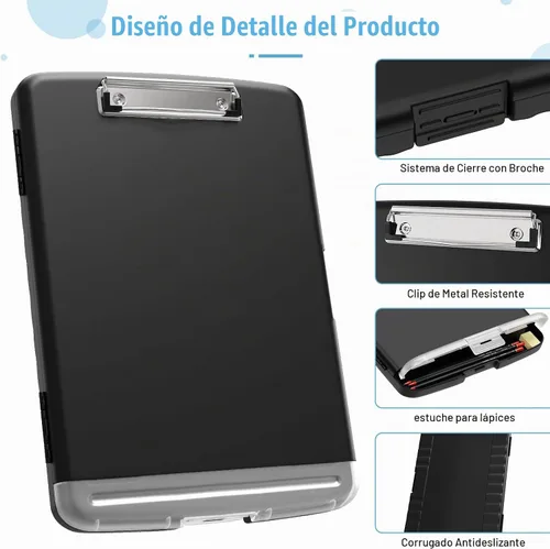 Vista 2 de Hongri - Portapapeles con almacenamiento con estuche para lápices, 8.5 x 11 pulgadas Negro