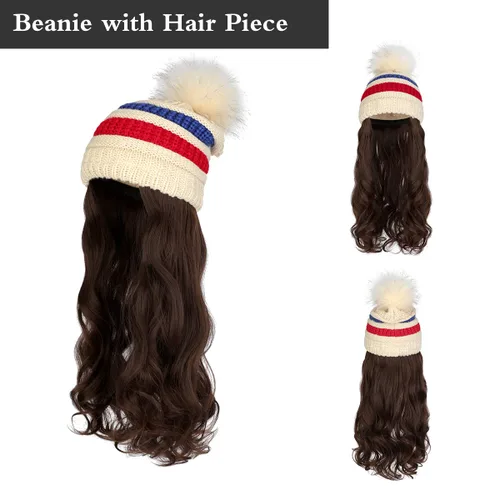 Vista 20 de AynnQueen - Gorro de invierno con extensiones de cabello desmontables para mujer.