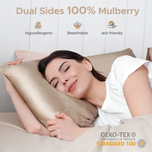Vista 2 de Funda de almohada de seda de morera 100 % pura para cabello y piel, resistente a los alérgenos, doble cara, fundas de almohada de seda de 600 hilos