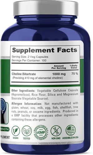 Vista 3 de NusaPure Bitartrato de colina - Apto para vegetarianos/veganos, sin OMG - 1000 mg 200 cápsulas