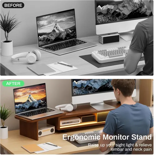 Vista 4 de Artswish - Soporte elevador para monitor con estación de carga y luz RGB, soporte ajustable de doble monitor para escritorio, estante de escritorio