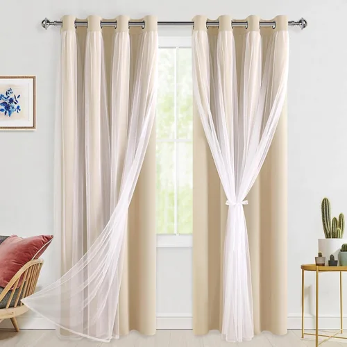 Vista 10 de Hiasan Cortinas opacas con superposición transparente, aislamiento térmico para mezclar y combinar de doble capa, cortinas de oscurecimiento de Beige