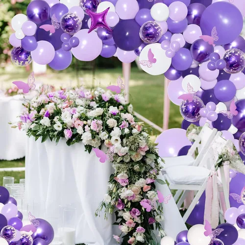 Vista 5 de PERPAOL Kit de guirnalda de globos morados de 150 piezas con calcomanías de mariposa, arco de globos de confeti morado metálico y macarrón blanco