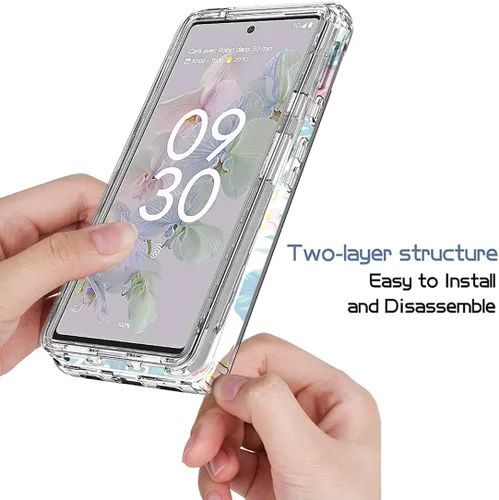 Vista 4 de Funda para Pixel 6A, para Google 6A Crystal Clear Floral Case con protector de pantalla de vidrio templado, suave 360° cuerpo completo a prueba