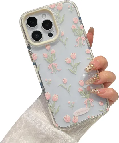 Vista 7 de Funda para iPhone 13, color blanco Funda para teléfono con diseño floral de tulipanes rosados para iPhone
