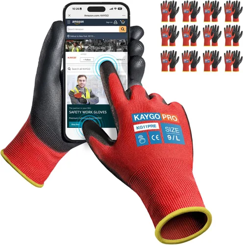 Vista 56 de KAYGO KG11PB - Guantes de trabajo de seguridad con revestimiento de poliuretano, 12 pares de guantes de punto sin costuras para hombres y mujeres