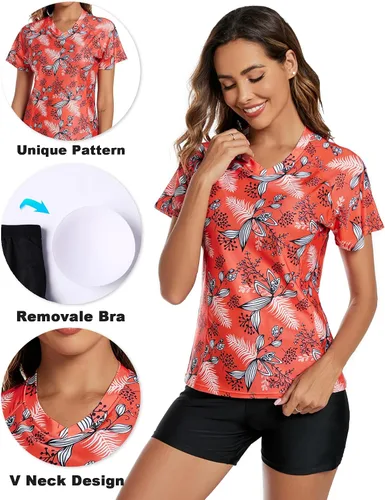 Vista 4 de Tournesol Women's Two Piece Rash Guard Short Sleeve UPF 50+ Swim Shirt Bulit in Bra Swimsuit with Boyshorts Bottoms