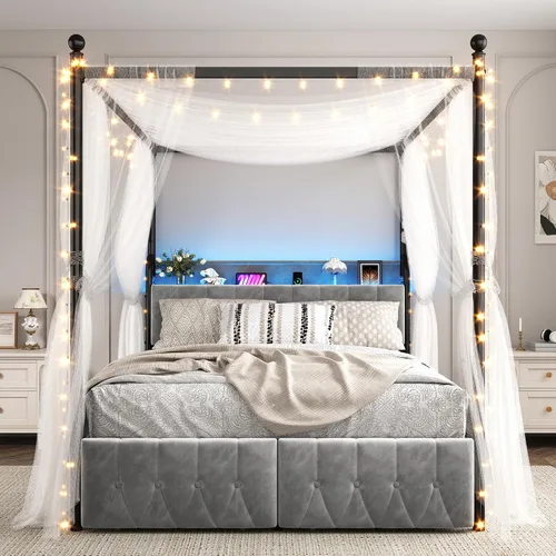 Vista 9 de Homkdom Marco de cama Queen Canopy con 2 cajones y luz LED y carga, color Gris