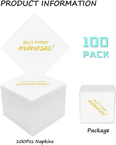 Vista 2 de But First Mimosas - Servilletas de cóctel, paquete de 100 servilletas de papel desechables doradas pero primeras mimosas, para compromiso, boda