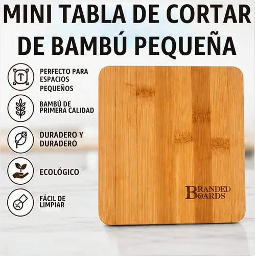 Vista 8 de Tabla de cortar de bambú pequeña y mini de Branded Boards, ideal para apartamentos, vehículos recreativos, barra de casa, tablas de charcutería