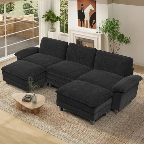 Vista 21 de Sofá modular modular de 118 pulgadas, cómodo sofá seccional de chenilla de 3 asientos para sala de estar, dormitorio y apartamento, color beige Pana