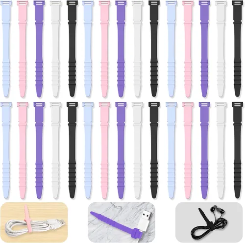 Vista 10 de Bridas de silicona reutilizables de 7 pulgadas, 20 correas de goma para gestión de cables, organizador de cables elásticos para el hogar, oficina