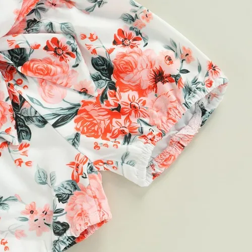 Vista 6 de Traje de tía para bebé recién nacida, mameluco de manga corta acanalado floral con diadema