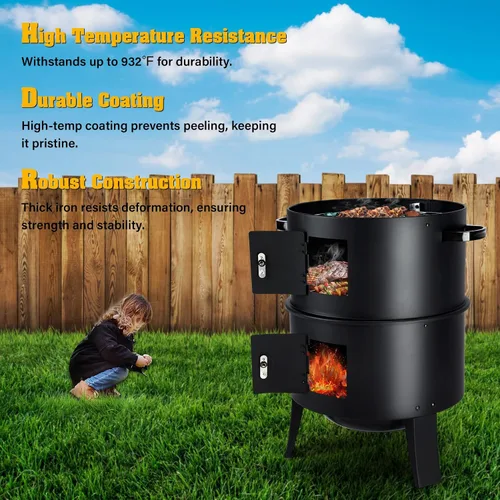 Vista 4 de Parrilla vertical para ahumar carbón de 32 pulgadas, parrilla de barbacoa resistente con termómetro integrado, parrilla 3 en 1 y ahumador, olla