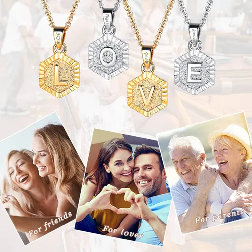 Vista 6 de FOCALOOK Collares con dije de letra hexagonal chapada en oro amarillo y platino, 18 pulgadas