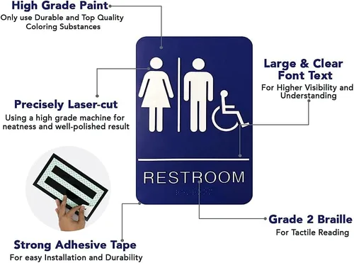 Vista 8 de Letrero de baño unisex en Braille – Letrero de baño azul con cinta 3M de doble cara segura ideal en menos de un minuto – Diseño único – Tamaño 9 x 6