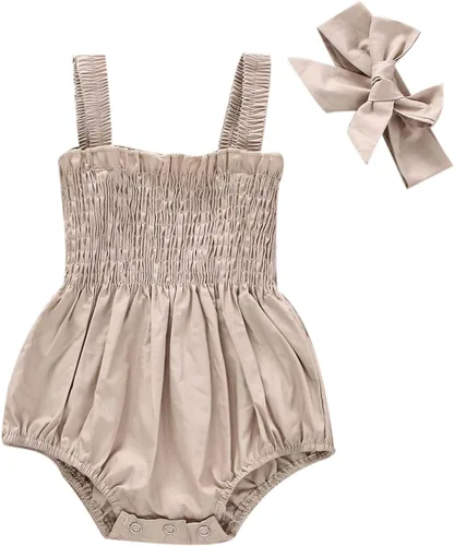 Vista 17 de Body sin mangas para bebé recién nacida con cuello halter y volantes, mameluco enterizo con diadema, conjunto de ropa de verano Albaricoque