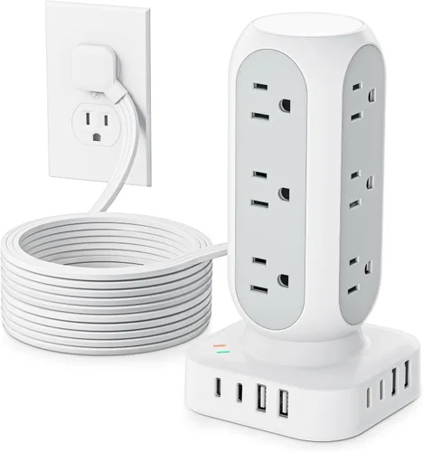 Vista 8 de Regleta de alimentación con protector de sobretensiones en torre, 12 salidas de CA y 8 puertos USB, cable de extensión de enchufe plano de 5 pies