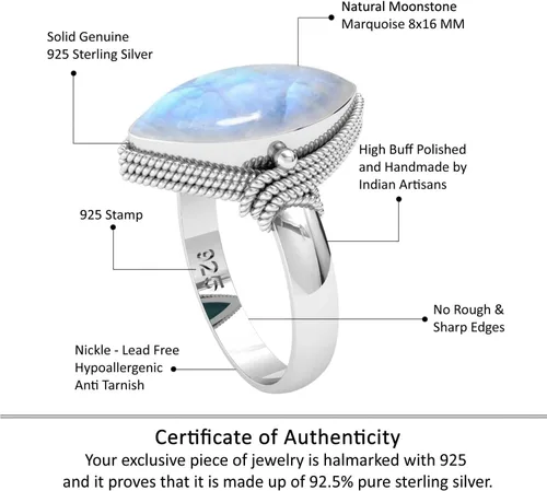 Vista 4 de JEWELOPORIUM Anillo hecho a mano de plata de ley 925 para mujer 8x16 Marquoise Gemstone Fashion Jewelry para regalo (99093_R)