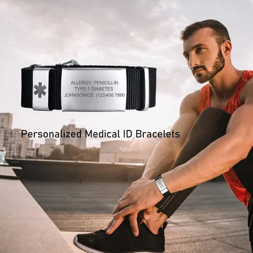 Vista 2 de Pulseras de identificación médica personalizadas para hombres y mujeres pulseras de alerta médica de emergencia grabado gratuito pulsera de nailon