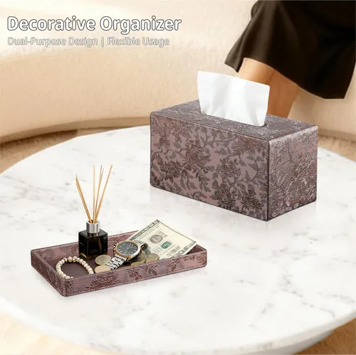 Vista 6 de YAPISHI Caja de pañuelos grande rectangular con almacenamiento de bandeja, soporte de pañuelos faciales de piel sintética, se adapta a 230