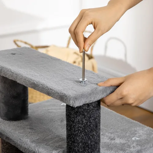 Vista 8 de PawHut Escaleras para mascotas con poste rascador de sisal para gatos Escalones para gatos de altura ajustable de 3/4, condominio, pelota de juguete