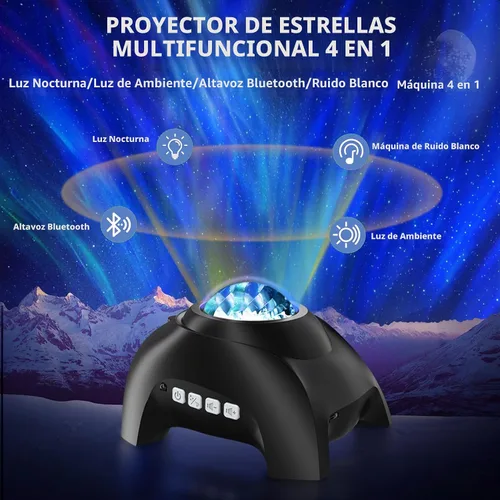 Vista 2 de Proyector Aurora Northern Lights para dormitorio con altavoz Bluetooth de música y ruido blanco, proyector de galaxia, proyectores de luz nocturna