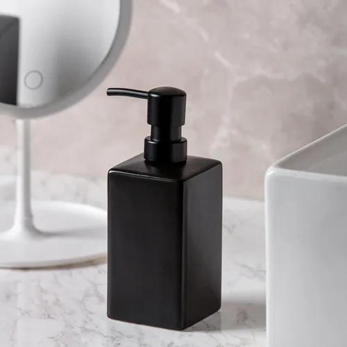Vista 4 de Dispensador de jabón y loción cuadrado de cerámica negra mate para baño, dispensador de jabón para platos para cocina, 14 onzas