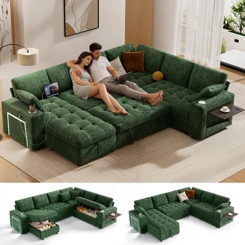Vista 21 de Vipbear Sofá cama modular de 111 pulgadas con cama extraíble, sofá en forma de L de felpilla de 7 asientos con diván de almacenamiento, puertos USB