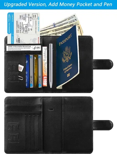 Vista 4 de Funda para pasaporte, cartera con bloqueo RFID, funda de piel para tarjetas, accesorios de viaje para mujeres y hombres, negro