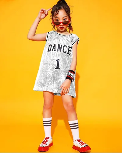 Vista 7 de LOLANTA Ropa de baile Hip Hop para niñas, vestido de lentejuelas para niños, camiseta larga sin mangas, camiseta de animadora de jazz
