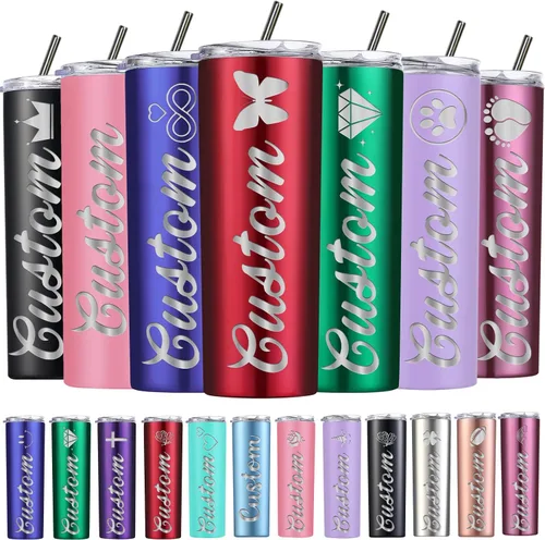 Vista 11 de Vasos delgados personalizados con tapas y pajitas, vaso delgado de acero inoxidable grabado con láser, vasos personalizados con nombre de 20 onzas