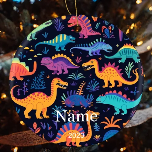 Vista 4 de Adorno colorido con patrón de dinosaurio de 3 pulgadas, adorno de Navidad de cerámica de 3 pulgadas, bonito adorno de Navidad de dibujos animados