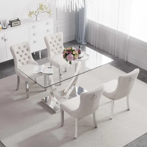 Vista 16 de Juego de mesa de comedor de cristal moderno de mediados de siglo para 4, 63 pulgadas, juego de comedor rectangular grande de lujo con parte superior