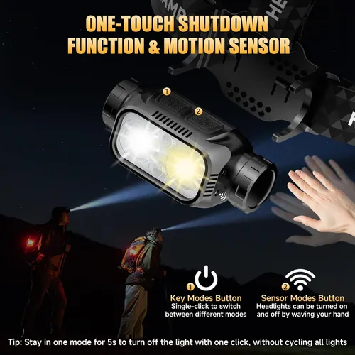 Vista 2 de ATDOALL Linterna frontal LED recargable, lámpara de cabeza súper brillante de alto lumen con luz roja, sensor de movimiento, 5 modos, ajustable a