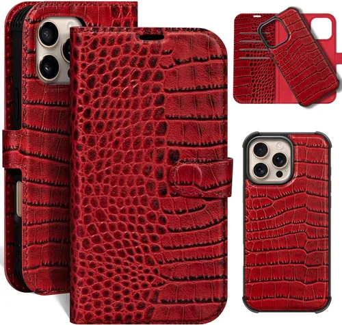 Vista 26 de Funda de cuero compatible con iPhone 16 Pro Max Cartera 6.9", cuero genuino 2 en 1, magnética, desmontable, a prueba de golpes, funda tipo folio