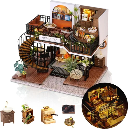 Vista 14 de Kit de casa en miniatura, pequeño restaurante japonés Sakura de madera 3D, kit de construcción de mini casa de muñecas con cubierta a prueba