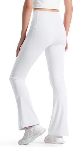 Vista 6 de BOOPH Leggings acampanados para niñas con bolsillos, cintura cruzada, cintura alta, pantalones de yoga acampanados, pantalones deportivos