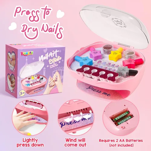 Vista 5 de Juego de esmaltes de uñas para niñas, juguetes para niñas de 5, 6, 7, 8, 9, 10, kit de cuidado de uñas con esmalte de uñas, secador de uñas, uñas
