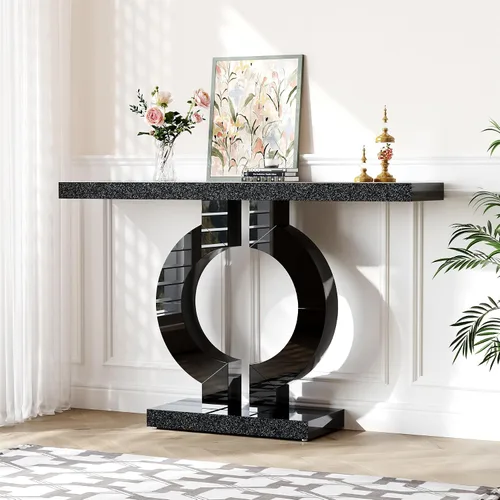 Vista 3 de LITTLE TREE Mesa consola de vidrio espejo de 43 pulgadas con base en forma de O, mesa de entrada de vidrio para sala de estar, moderna mesa de sofá