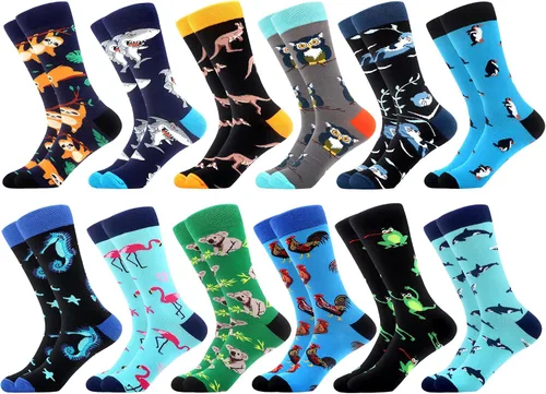 Vista 13 de WeciBor - 12 pares de calcetines de algodón peinado para hombre con diseños divertidos y locos, tamaño 7-10/10-13/13-15 Negro/Azul/Verde/Multicolor