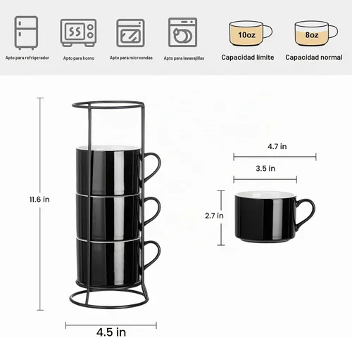 Vista 2 de Juego de 4 tazas de café apilables de 10 onzas con soporte de Negro