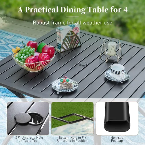 Vista 5 de Mesa de patio con agujero para paraguas, mesa de comedor de metal negro para 4 personas 37" wrought iron table, weather resistant. Slatted table