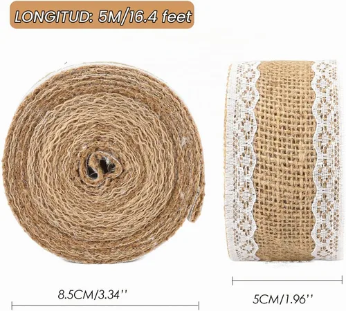 Vista 3 de jijAcraft Rollo de cinta de arpillera de yute natural, 2 pulgadas x 5.5 yardas, cinta de arpillera de encaje blanco rústico para manualidades Cinta