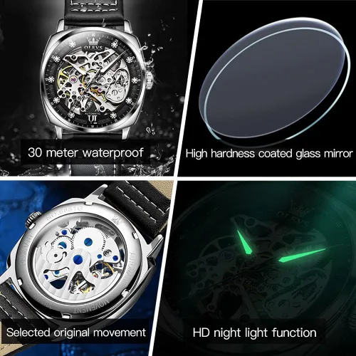 Vista 4 de OUPINKE Relojes automáticos de esqueleto para hombre, mecánica, cuerda automática, correa de cuero elegante, estilo steampunk, luminoso