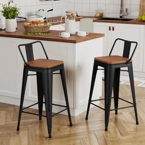Vista 10 de Yongchuang - Juego de 4 taburetes de bar de 18" de metal apilables, taburetes cortos para aula, cocina, comedor, sillas con parte superior de madera